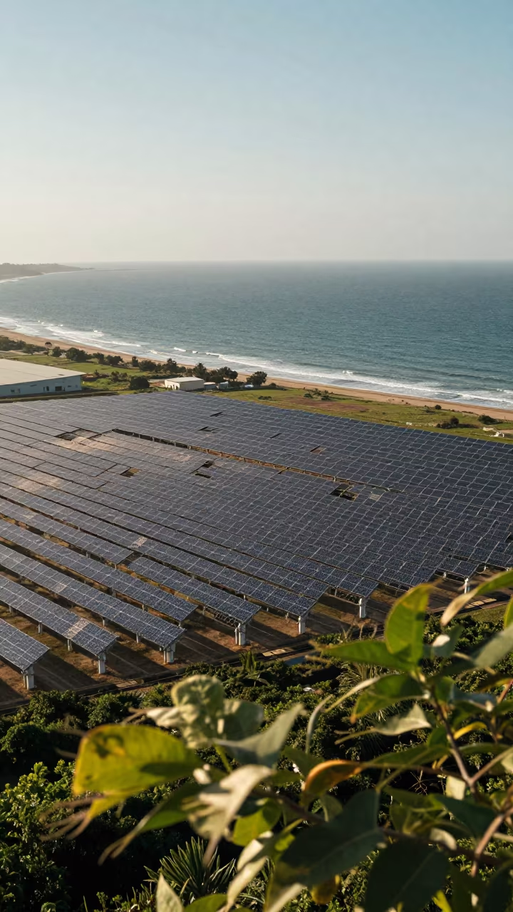 Aerial Solar Thermal Plant Near Coast in far above surf-scalloped coastline near Hohhot