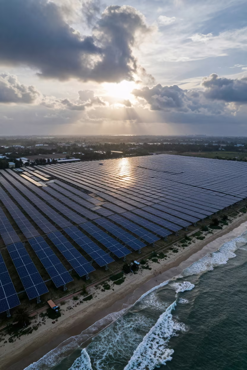 Aerial Solar Thermal Plant Coastal Bangladesh Dawn in far above surf-scalloped coastline in Bangladesh