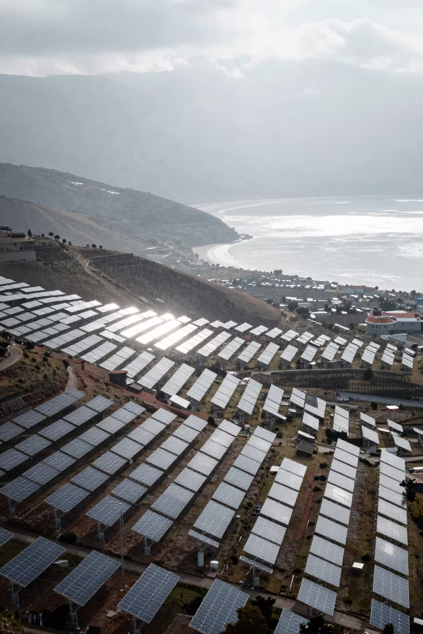 Aerial Solar Thermal Plant Near El Alto in far above terraced hillsides near El Alto