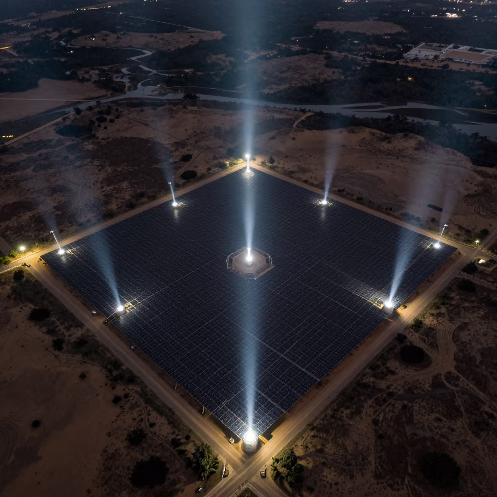 Aerial Solar Thermal Plant Karnataka Dunes Midnight in above dune fields and dry wadis in Karnataka