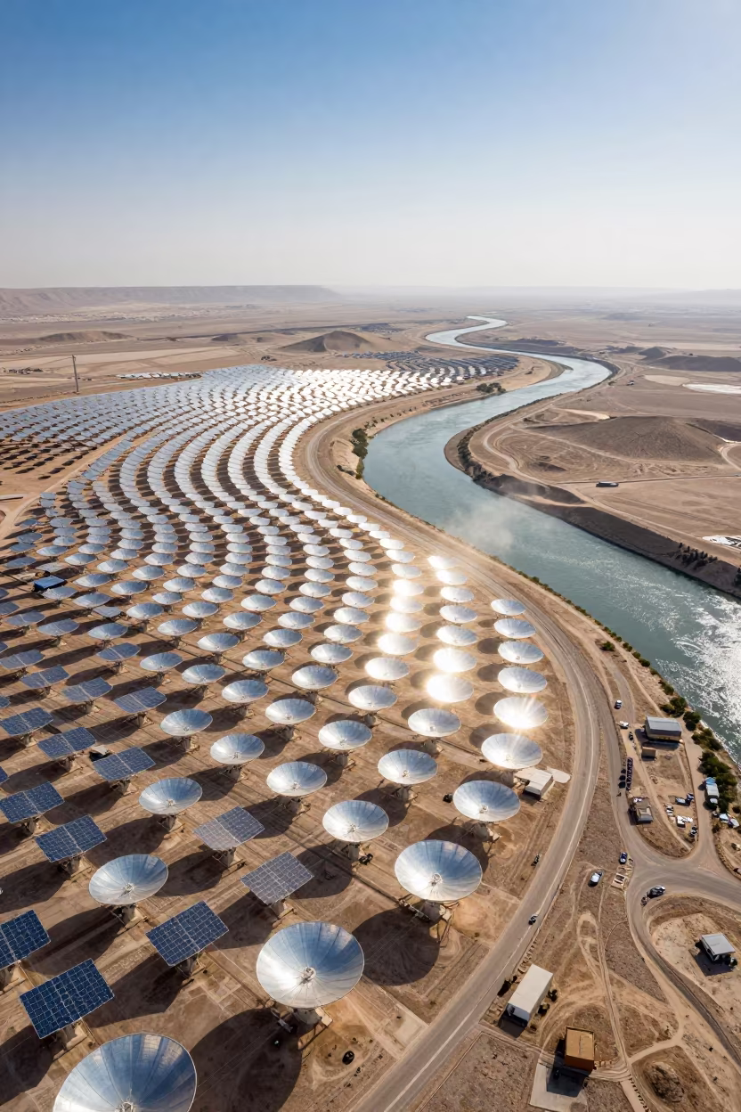 Aerial Solar Thermal Plant Over Oman River Meanders in far above river meanders in Oman