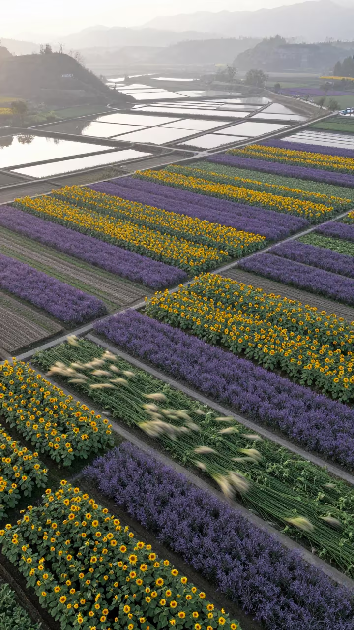 Aerial Spring Dawn Over Salt Ponds Fields in high over salt ponds and causeways near Zhangjiajie