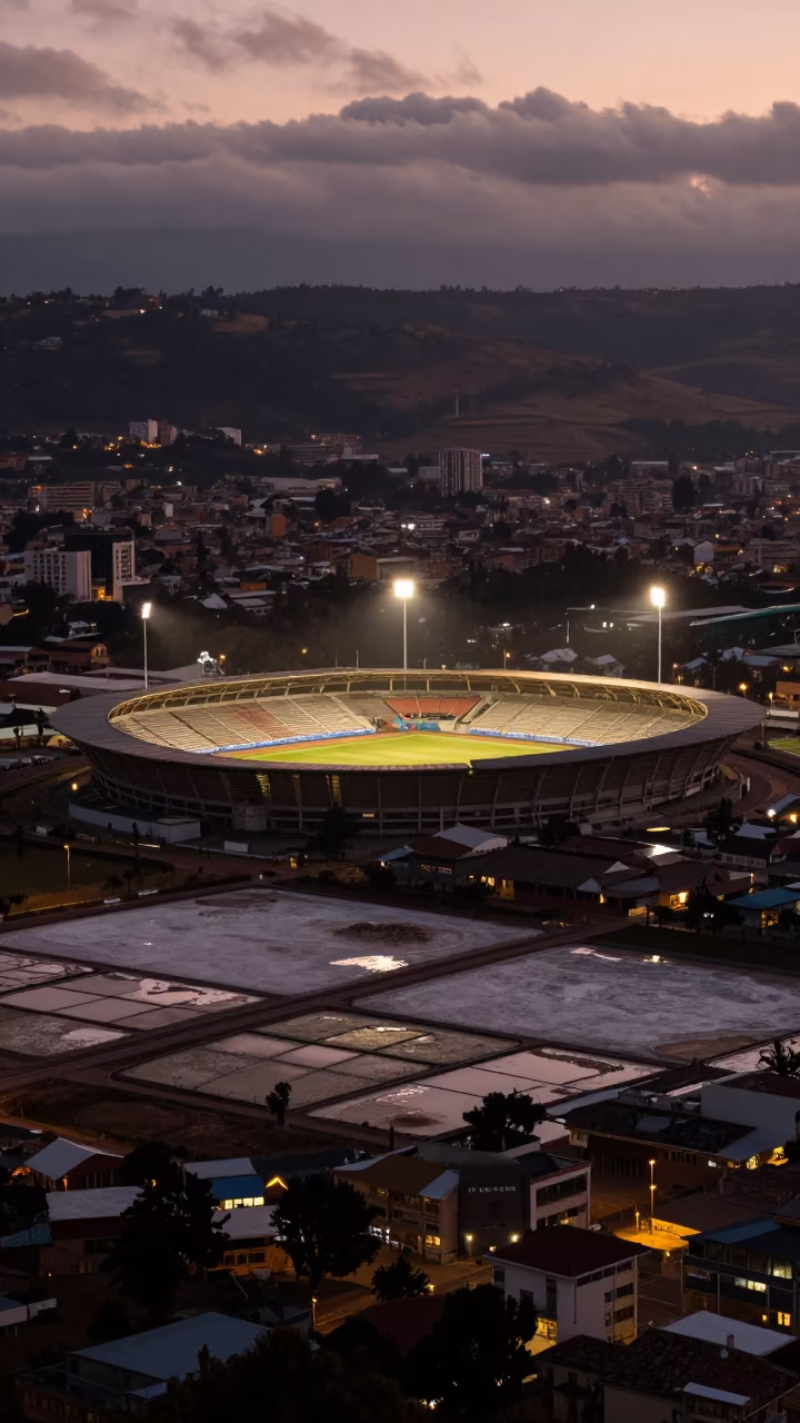 Aerial Stadium Night Match Bogota Salt Ponds in high over salt ponds and causeways near Bogota