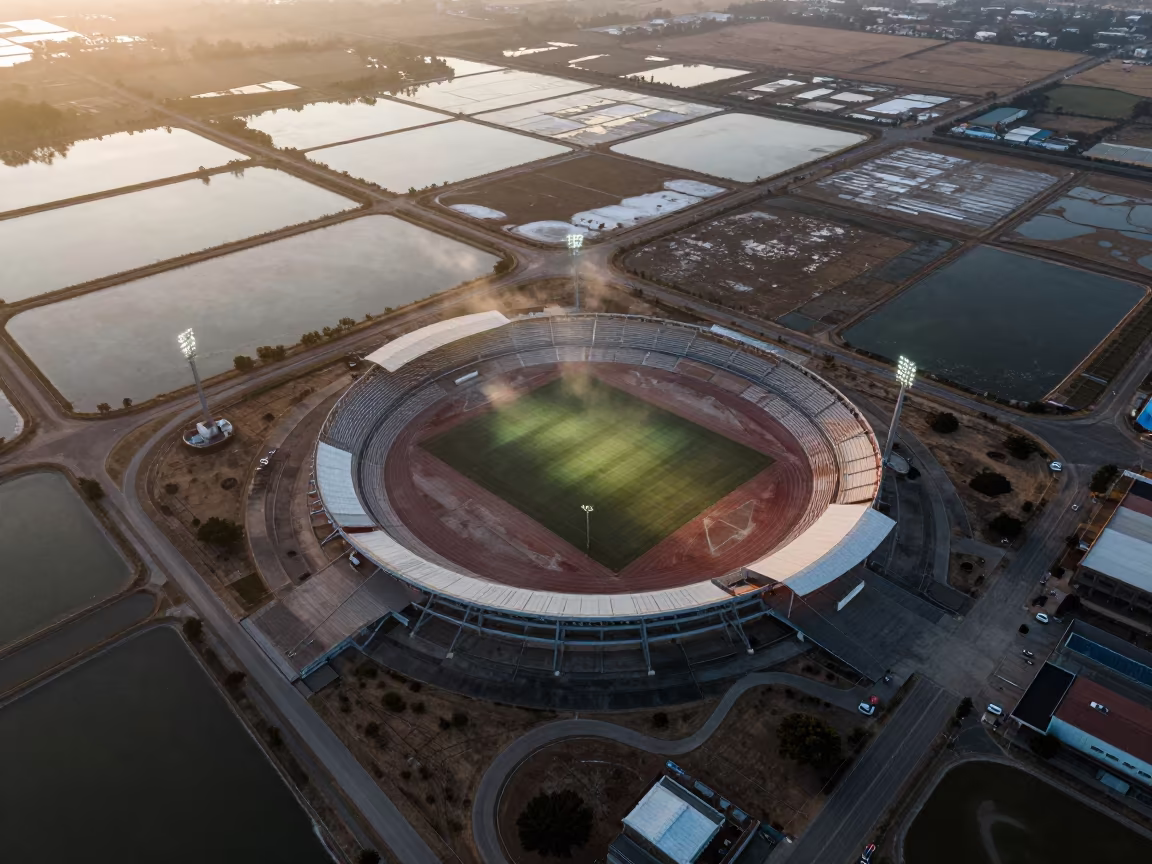 Aerial Stadium Night Match Hue Ponds in high over salt ponds and causeways near Hue