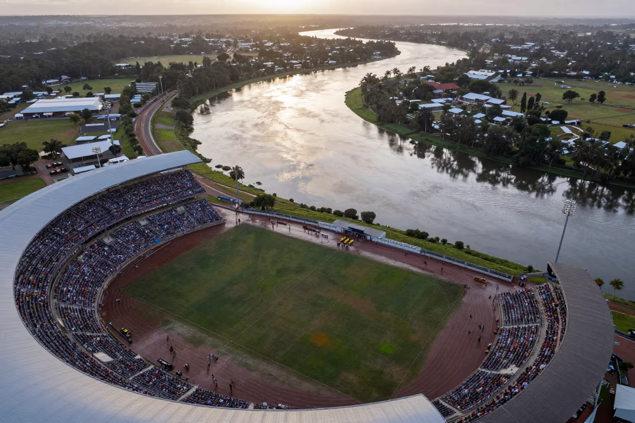 Aerial View of Stadium Over Braided River Channels in high above braided river channels in Northern Territory