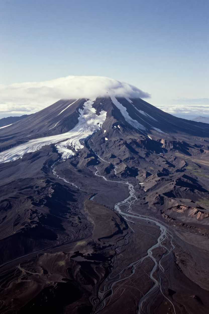 Aerial View of Stratovolcano Glaciers Near Douma in high above braided river channels near Douma