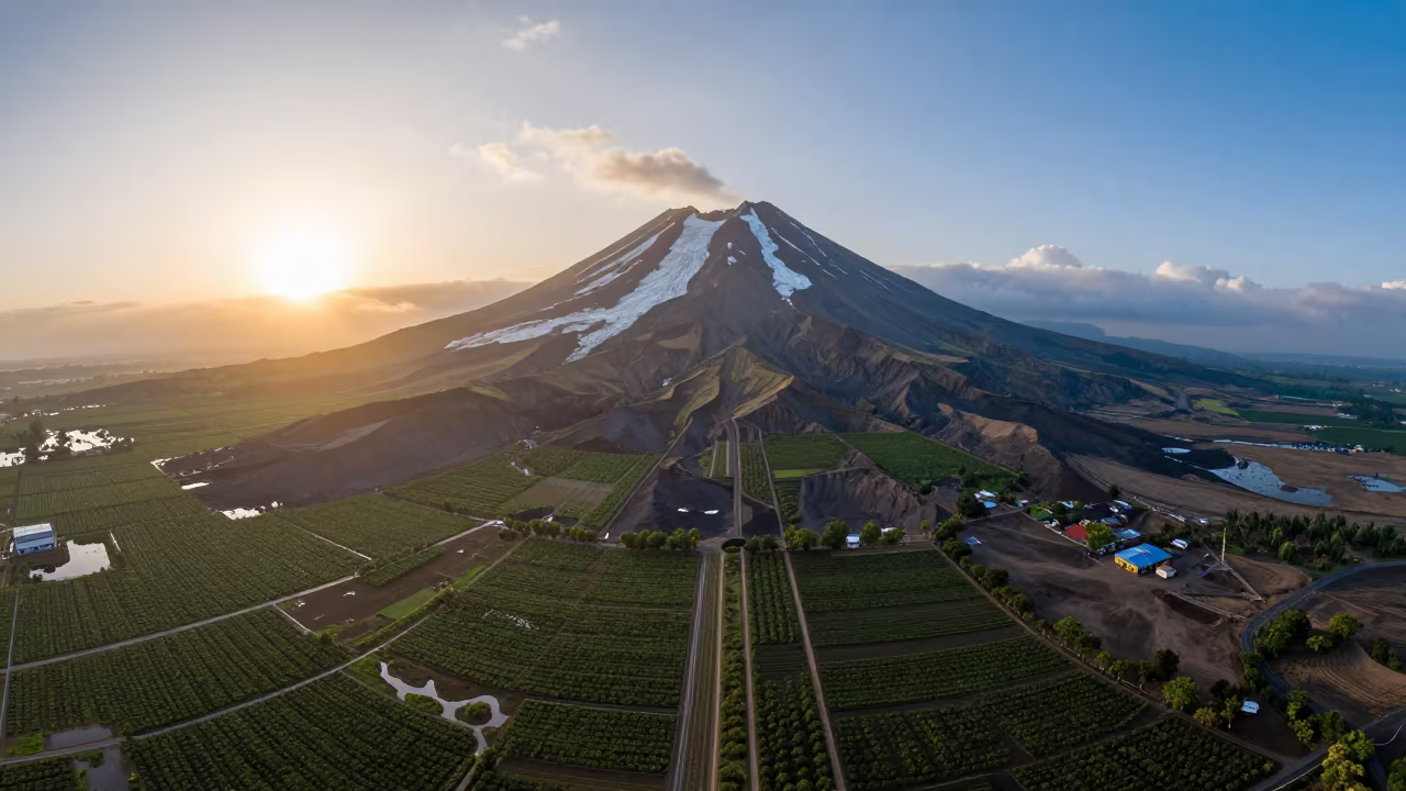 Aerial Stratovolcano Glaciers Over Niger Irrigation in far above orchard blocks and irrigation lines in Niger