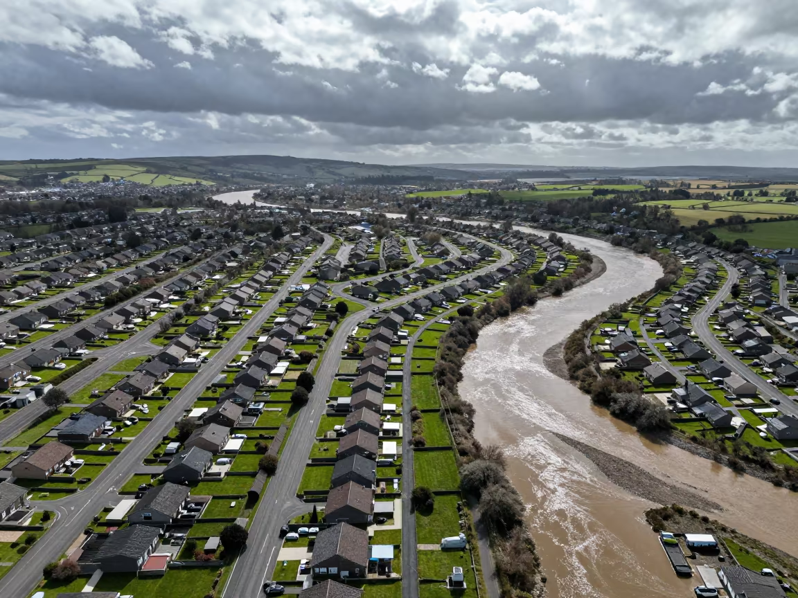 Aerial Suburban Cul-de-sacs Over Welsh River Meanders in far above river meanders in Wales