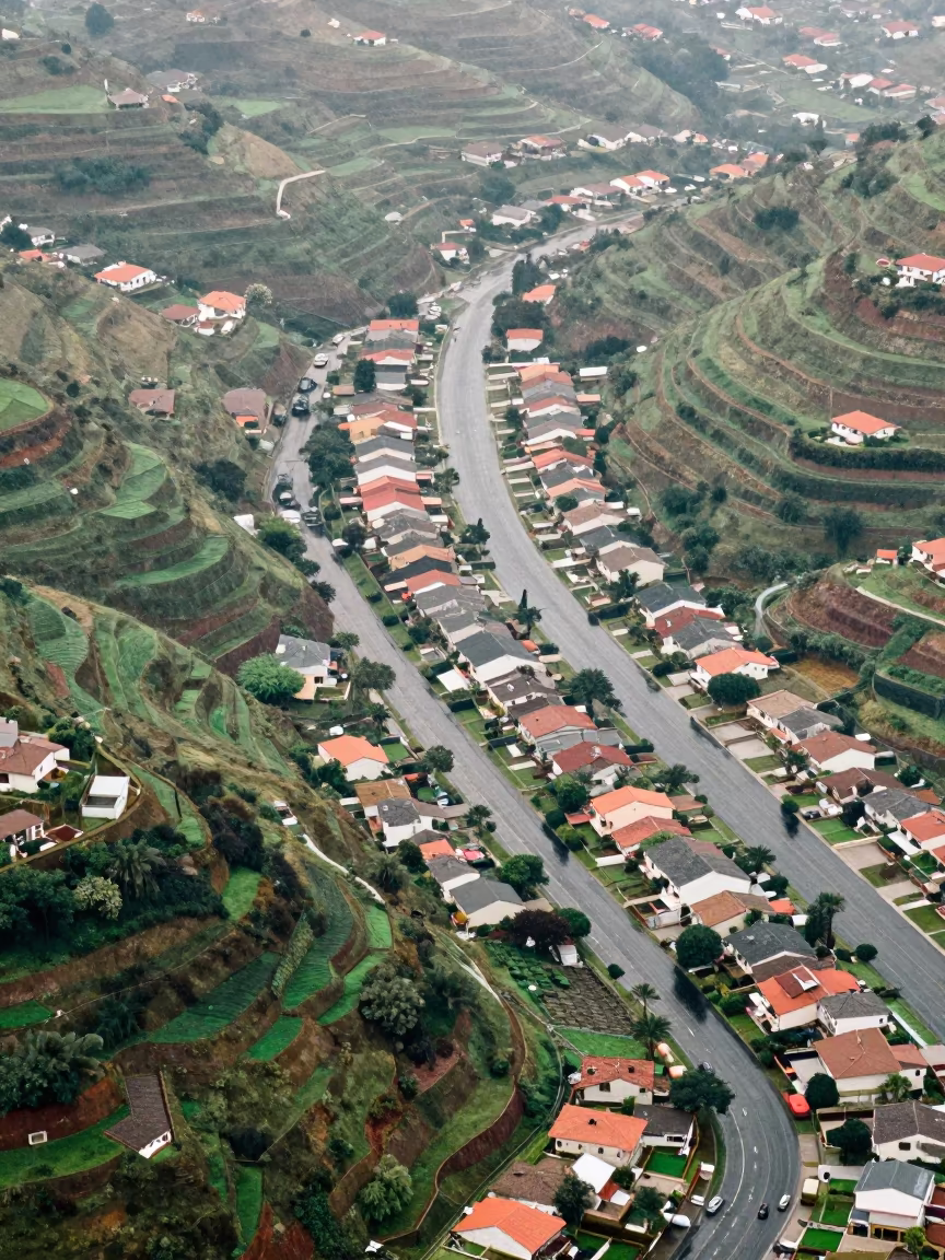 Aerial View of Suburban Cul-de-sacs Near San-Pédro in far above terraced hillsides near San-Pédro