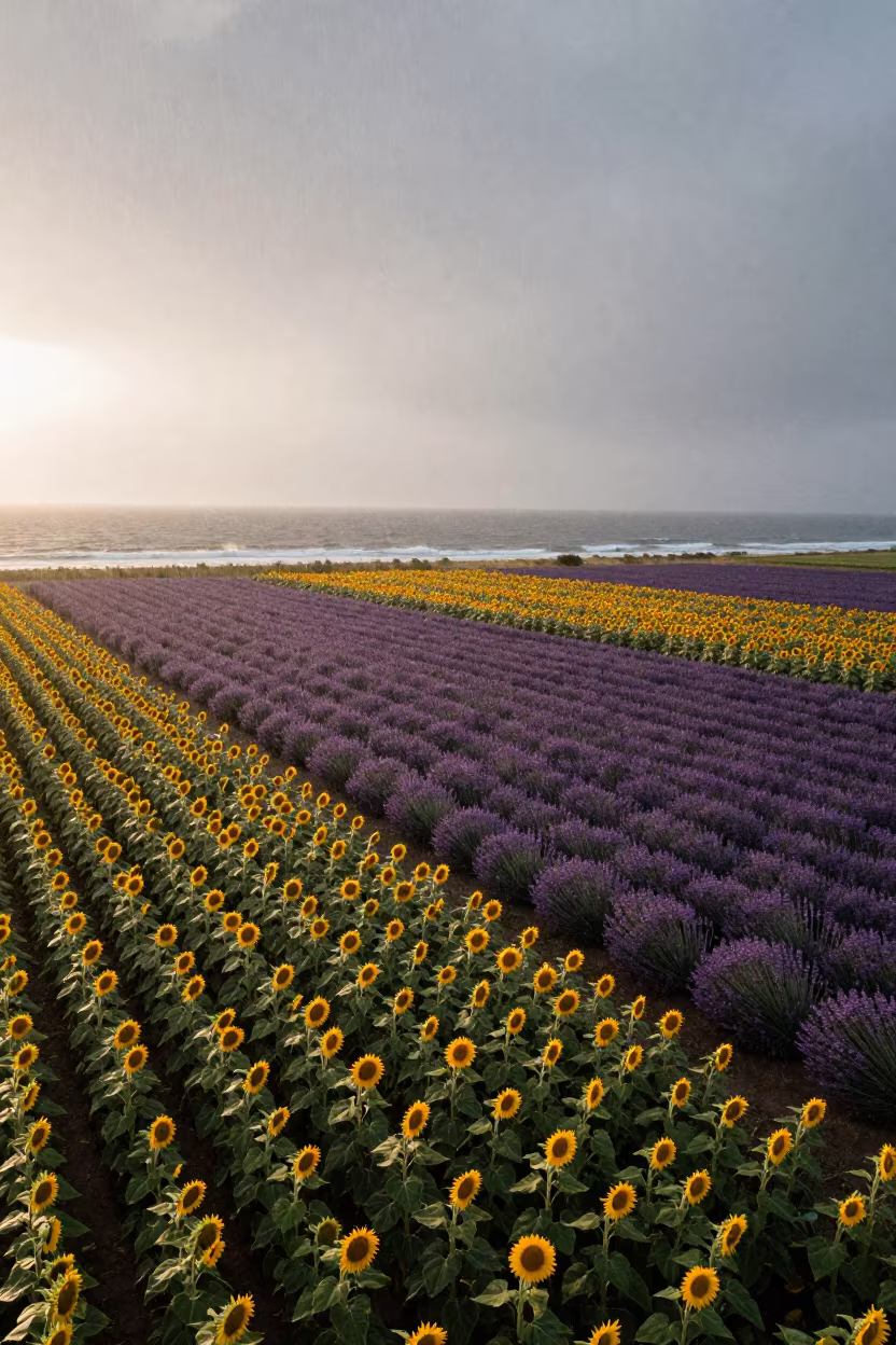 Aerial Sunflower and Lavender Fields at Coast in far above surf-scalloped coastline in the Amazon
