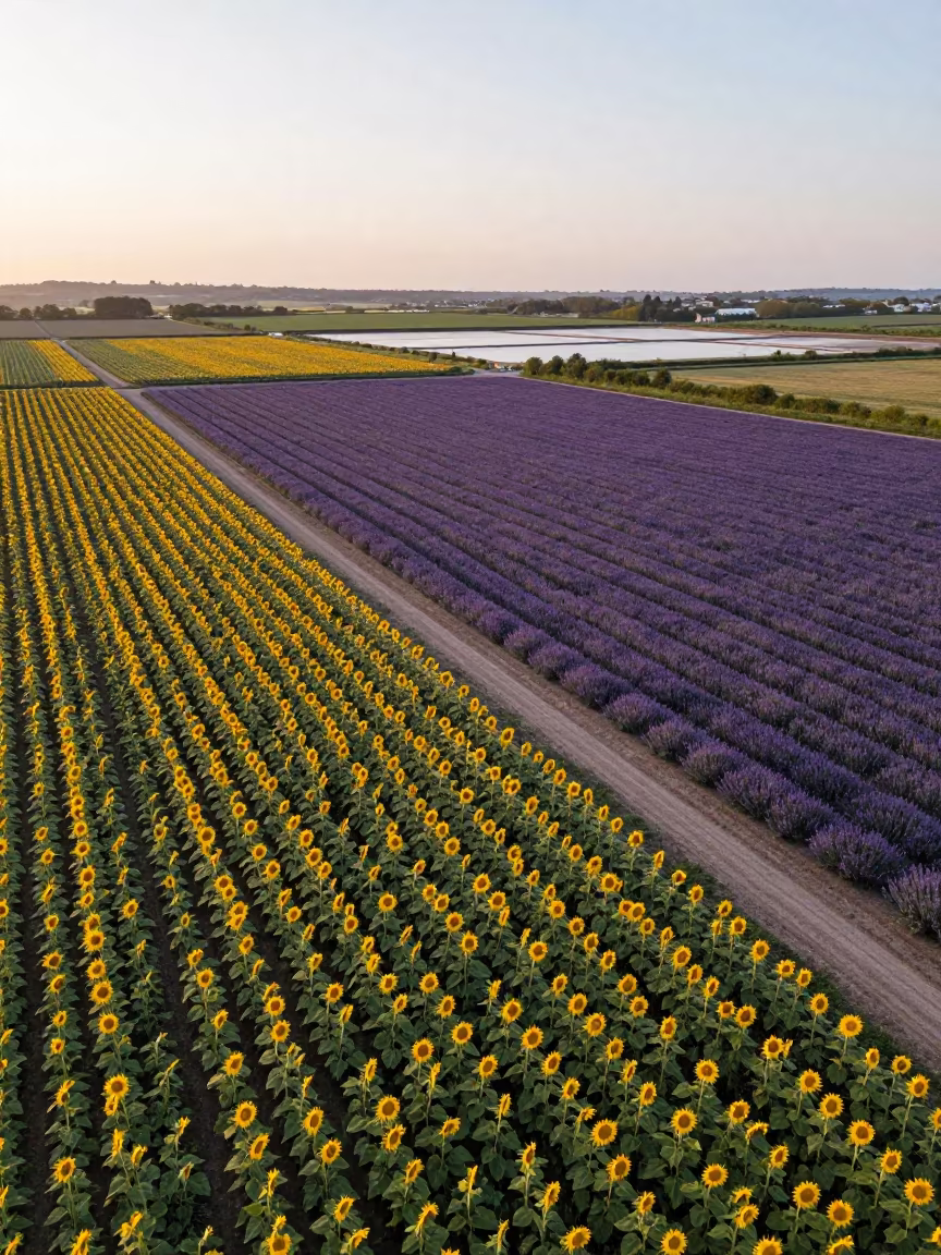Aerial Sunflower Lavender Fields Swansea Evening in high over salt ponds and causeways near Swansea