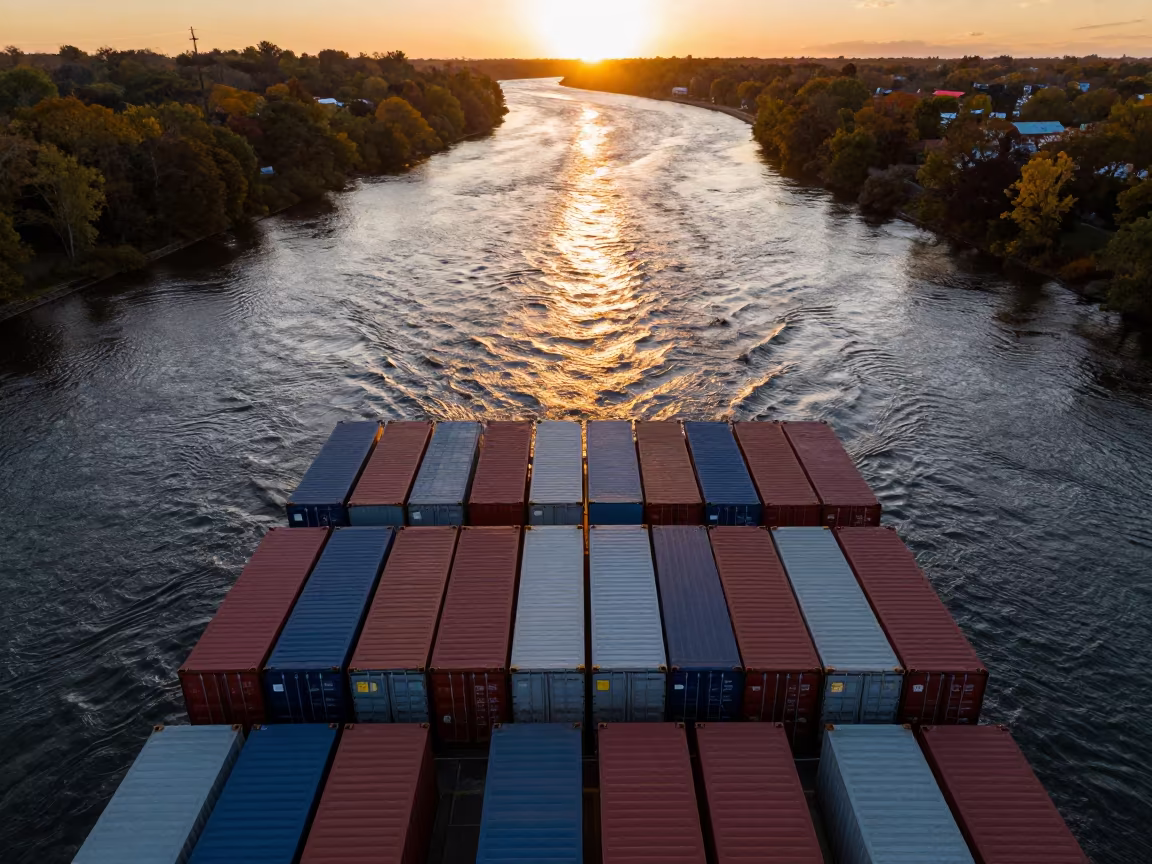 Aerial Sunset Freight Container Patterns Above River in far above river meanders in Massachusetts