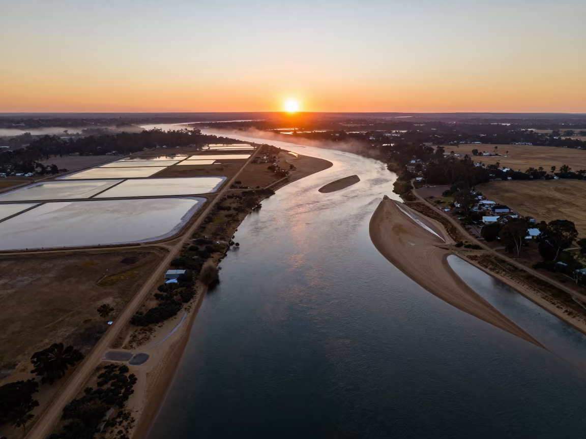 Aerial Sunset Over Salt Ponds and River Islands in high over salt ponds and causeways near Launceston
