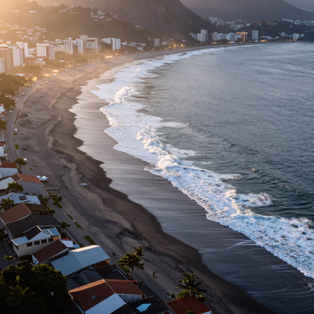 Aerial surf lines strike black sand Rio Grande do Sul in high above patterned rooftops in Rio Grande do Sul