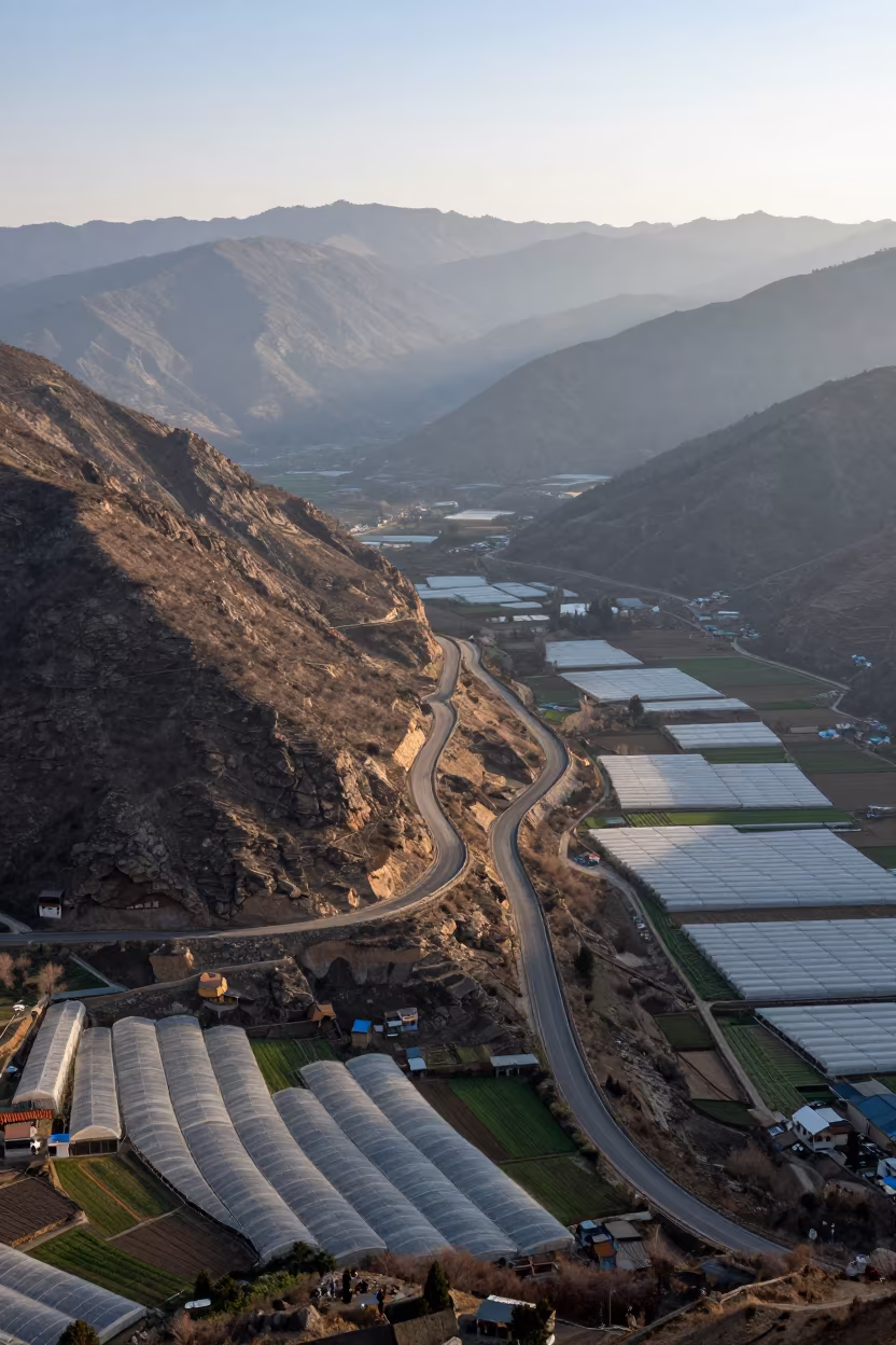 Aerial Switchback Road Over Greenhouse Grids in high over greenhouse grids in Himachal Pradesh