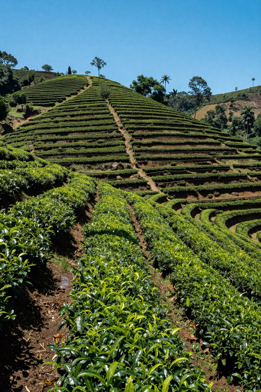 Aerial Tea Plantation Rows in Lapa Mist in along freshly irrigated rows near Lapa, Rio de Janeiro