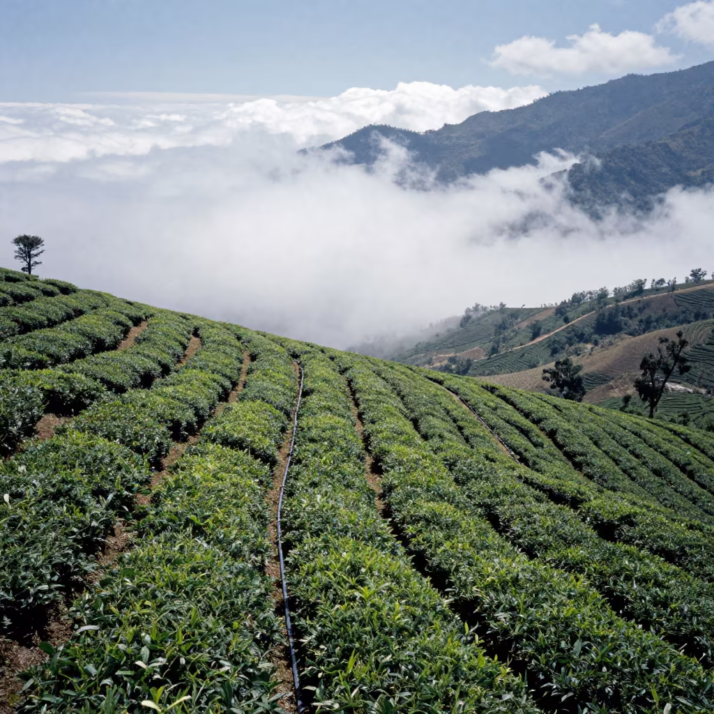 Aerial Tea Plots Descending Into Clouds San Salvador in far above orchard blocks and irrigation lines near San Salvador