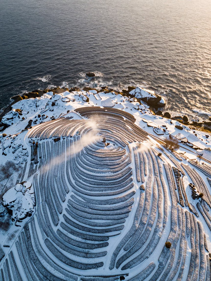 Aerial Tea Plots Snowy Fjord Norway Golden Hour in far above surf-scalloped coastline in the Fjords of Norway