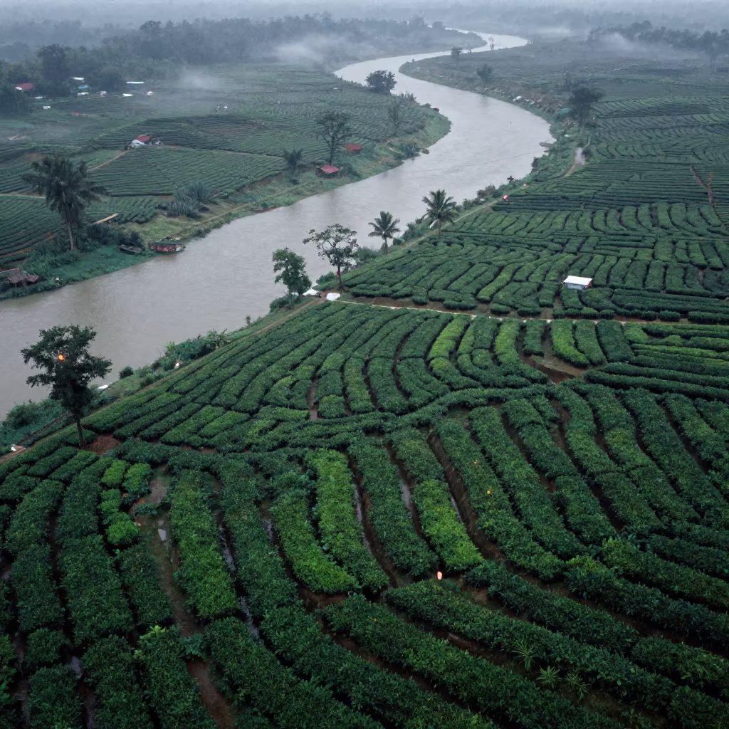 Aerial Tea Terraces Above Braided River Bogura in high above braided river channels near Bogura