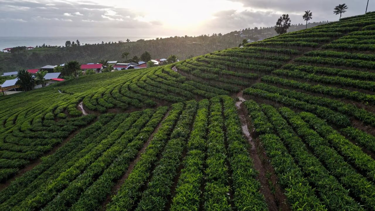 Aerial Tea Terraces Bolivia Monsoon Afternoon in high above patterned rooftops in Bolivia