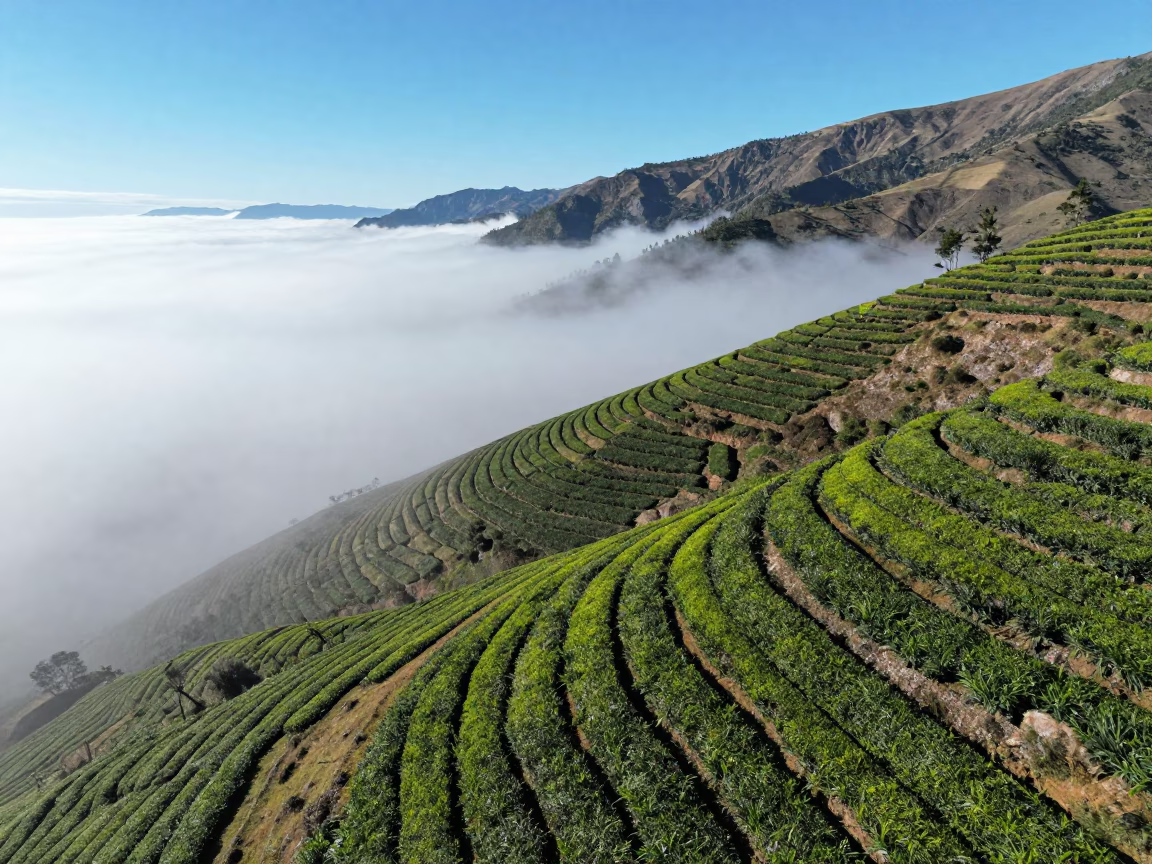 Aerial View of Tea Terraces on Foggy Peru Slope in far above surf-scalloped coastline in Peru