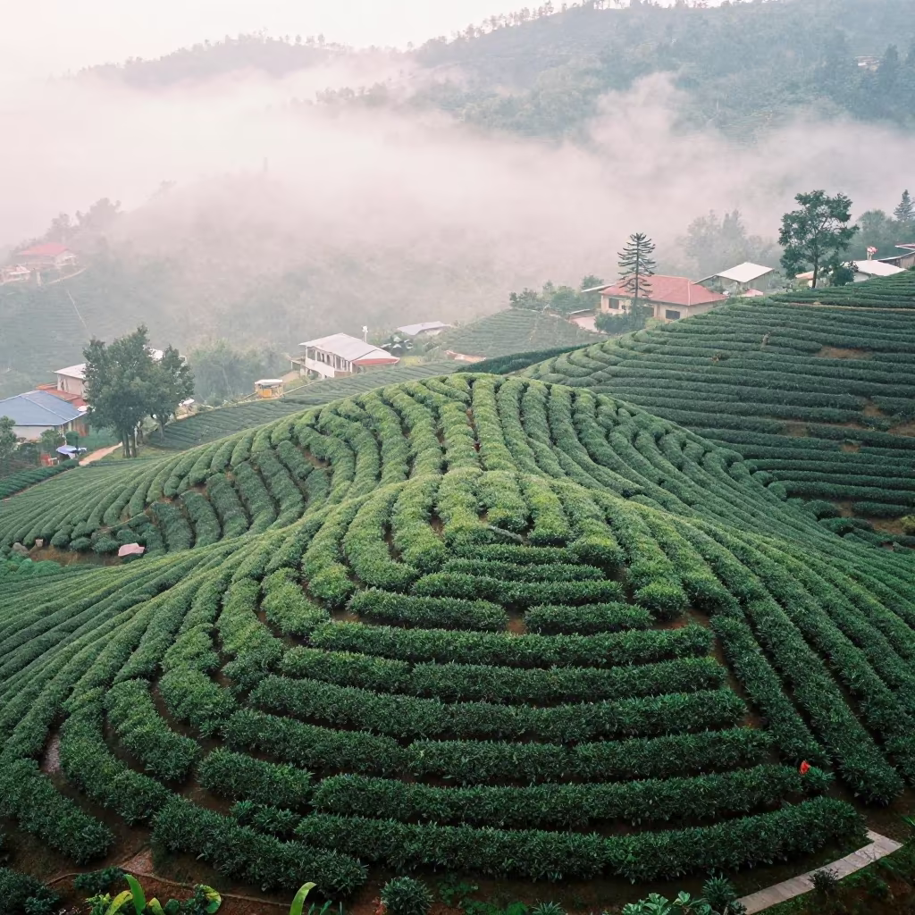Aerial Tea Terraces Above Monrovia Fog in high above patterned rooftops near Monrovia