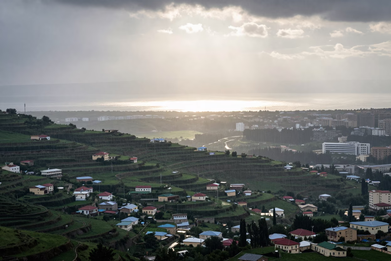 Aerial Terraced Villages in Green Fog Near Baku in across a storm-bright plain near Baku