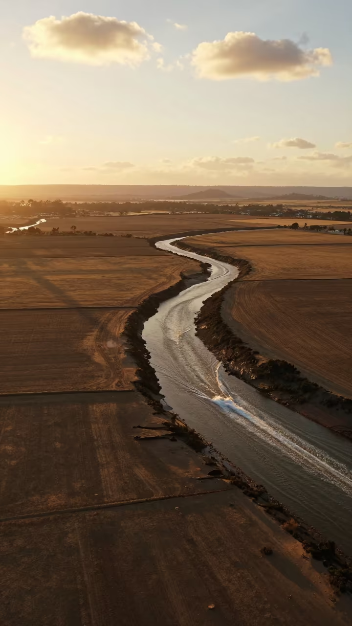 Aerial Tidal Creeks Boat Wakes Sunset Haze in near Bloemfontein