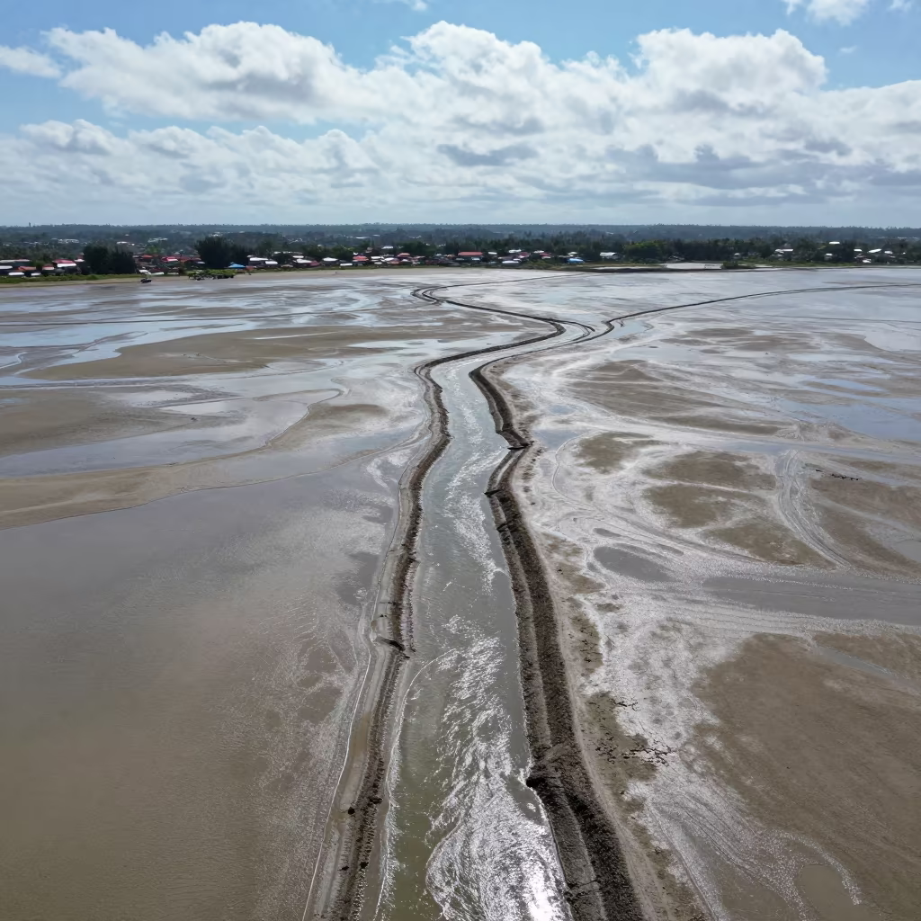 Aerial Tidal Flats Radiating Channels Chiclayo in high above patterned rooftops near Chiclayo