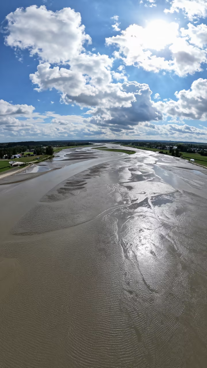 Aerial Tidal Flats Ripple Patterns Slovenia in far above river meanders in Slovenia