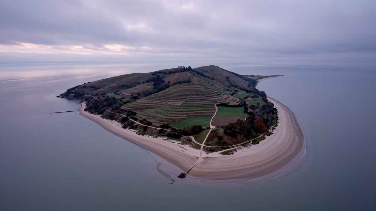 Aerial View of Tidal Island Sand Causeway at Dawn in far above terraced hillsides near Moshi