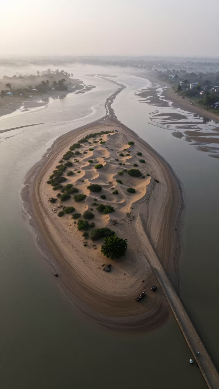 Aerial View of Tidal Island and Sand Causeway in above dune fields and dry wadis near Dhaka