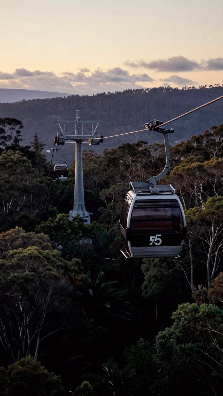 Aerial Tramway at Dawn in Hobart Tasmania Australia with Rainforest Canopy Below in in Hobart, Tasmania, Australia