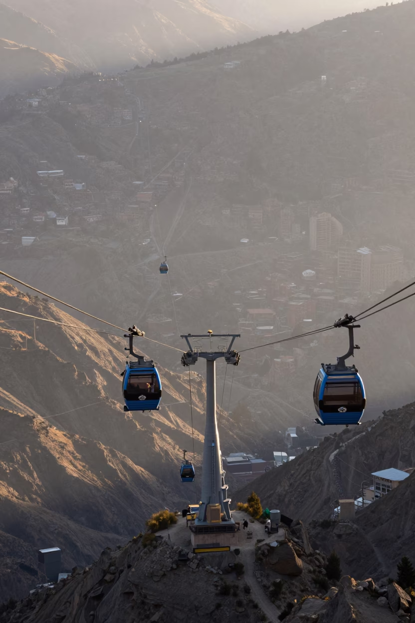 Aerial Tramway Cable Cars Above Foggy Mountain Valley in La Paz in in La Paz, Bolivia