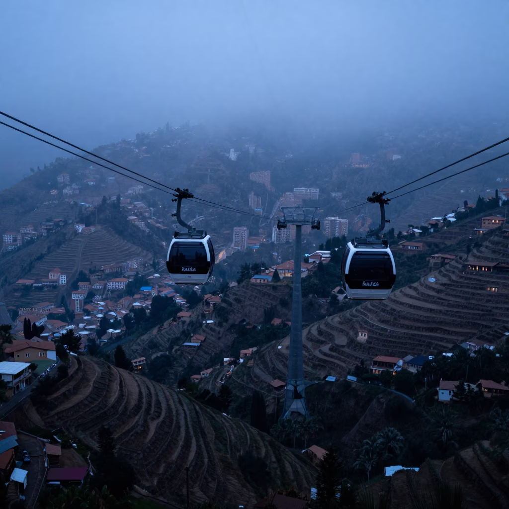 Aerial Tramway Crossing Above Misty La Paz Bolivia Before Dawn in in La Paz, Bolivia