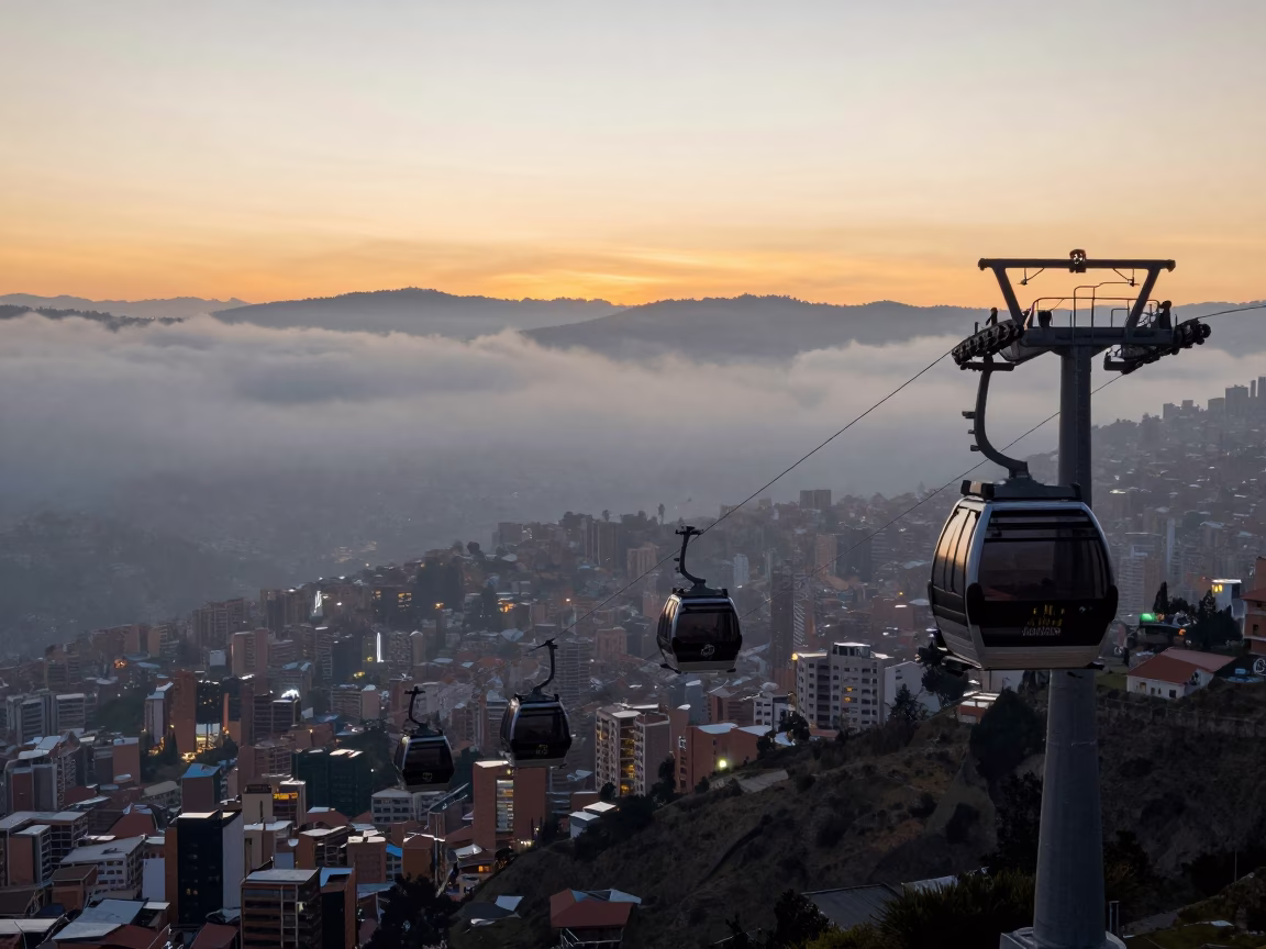 Aerial Tramway Gondola Above Morning Fog in La Paz Bolivia Sunset Cityscape in in La Paz, Bolivia
