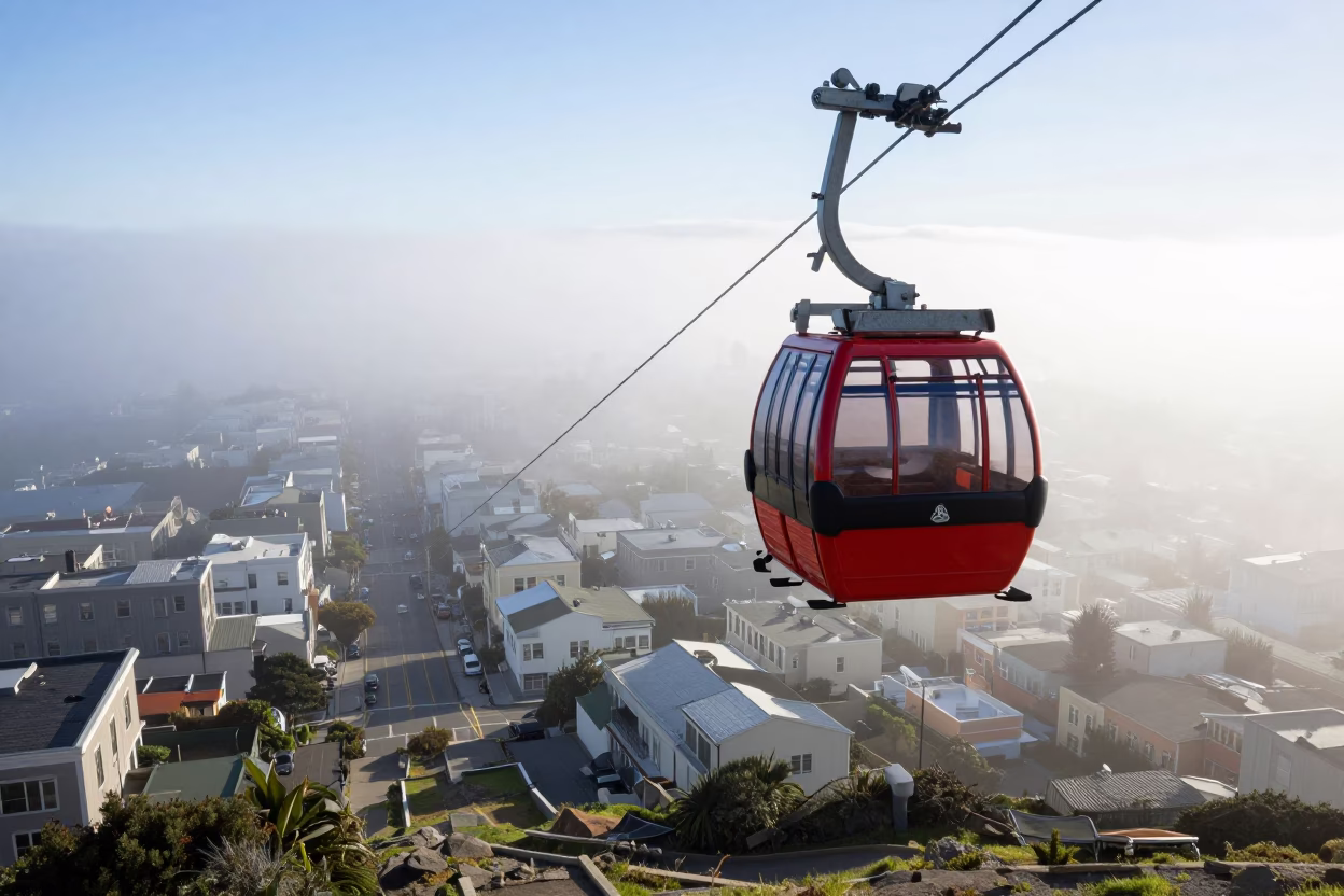 Aerial Tramway Gondola Crossing Above Morning Fog in San Francisco California in in San Francisco, California, United States
