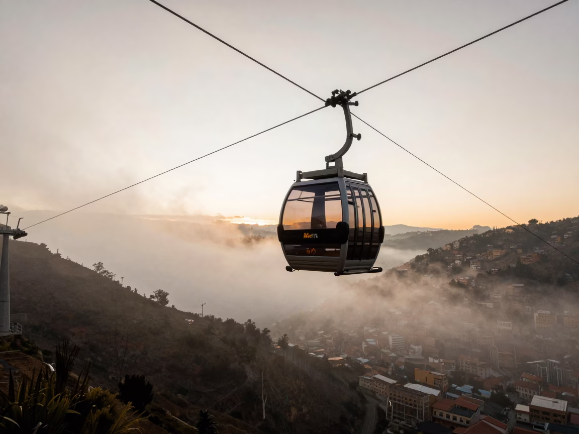 Aerial Tramway Gondola Crossing Morning Fog Over La Paz Bolivia Before Dawn in in La Paz, Bolivia