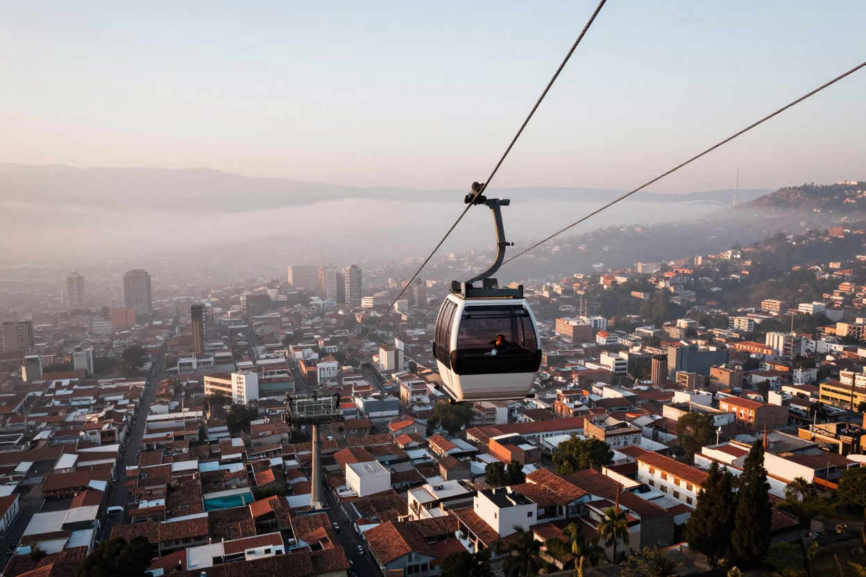 Aerial Tramway Gondola Crossing Morning Fog Over Oaxaca City Rooftops in in Oaxaca, Mexico