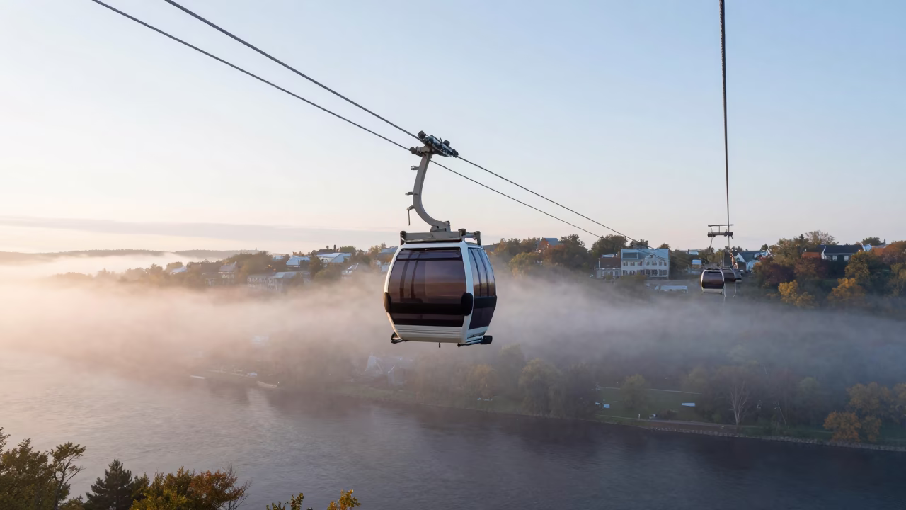 Aerial Tramway Gondola Gliding Over Morning Fog in Historic Quebec City in in Quebec City, Quebec, Canada