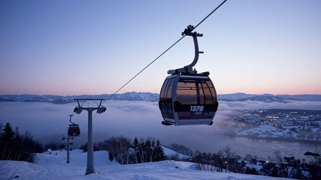 Aerial Tramway Gondola in Indigo Twilight Above River in beneath a chairlift on a snow-packed run near Sapporo