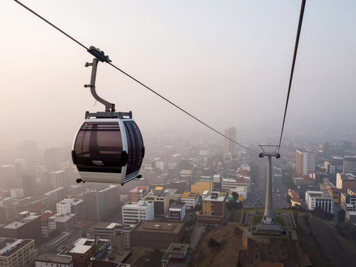 Aerial Tramway Gondola Navigating Morning Fog Over Lima Peru Cityscape in in Lima, Peru