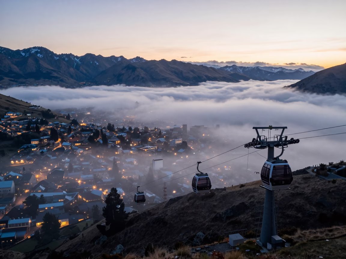 Aerial Tramway Gondola Rising Above Christchurch Morning Fog Before Dawn in in Christchurch, New Zealand