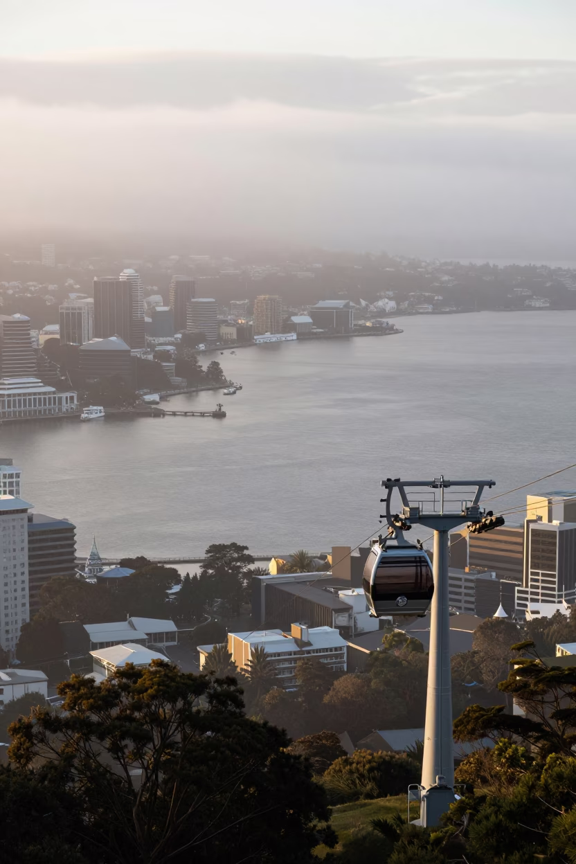 Aerial Tramway Gondola Rising Above Morning Fog in Hobart in in Hobart, Tasmania, Australia