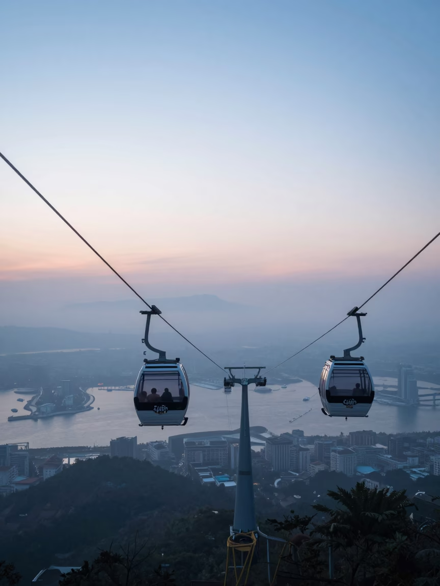 Aerial Tramway Gondola Rising Above Morning Fog in Kaohsiung Taiwan Before Sunrise in in Kaohsiung, Taiwan