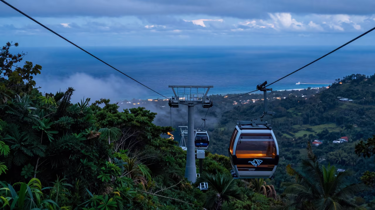 Aerial Tramway Over Hawaii Rainforest at Twilight in beside a fogbound harbor mouth in Hawaii