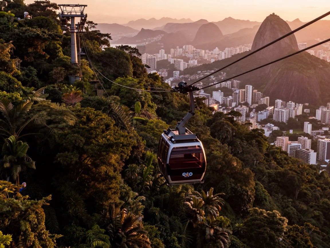Aerial Tramway in Rio De Janeiro at Copper-toned Light Before Dusk in in Rio de Janeiro, Brazil