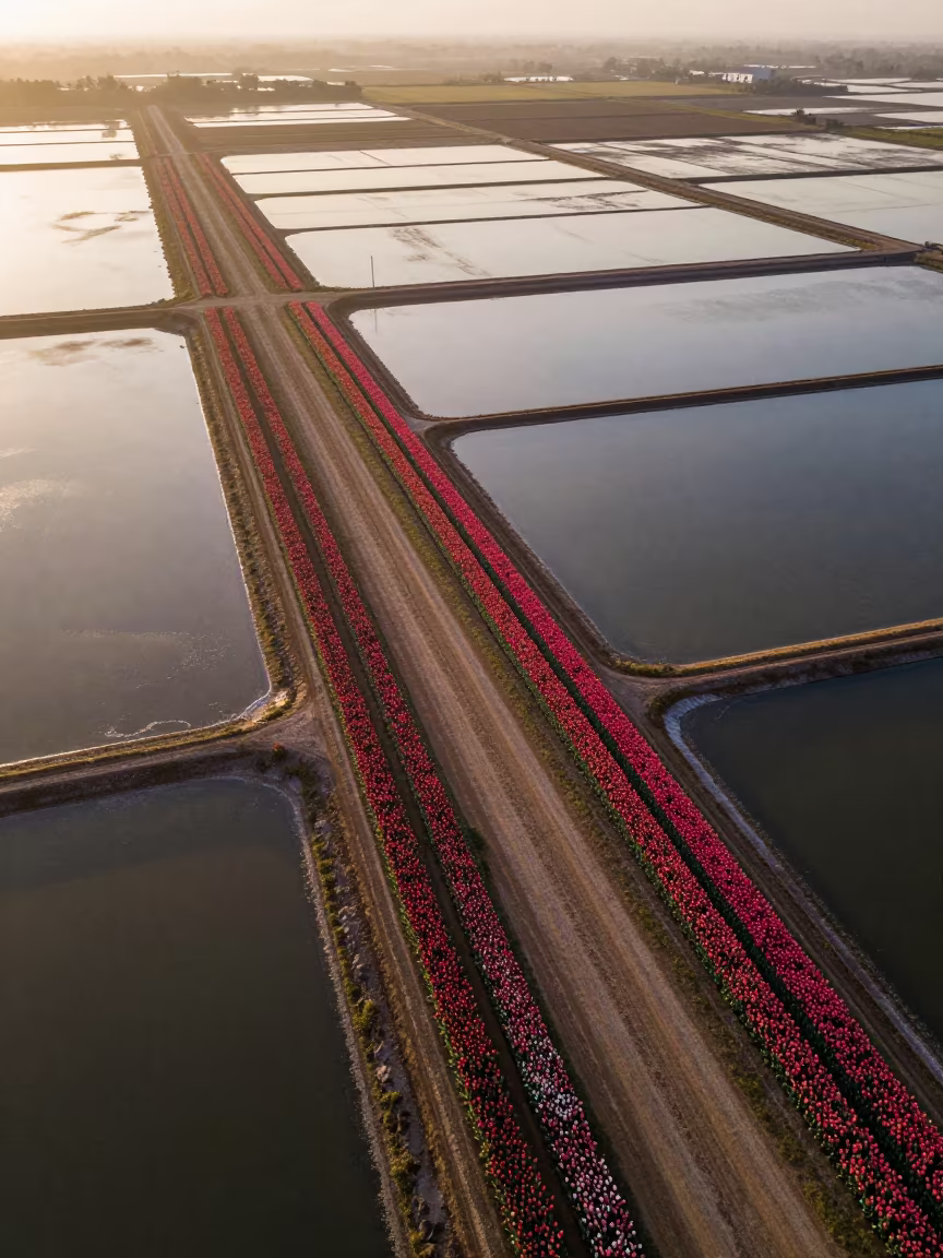 Aerial Tulip Fields Benin Salt Ponds in high over salt ponds and causeways in Benin