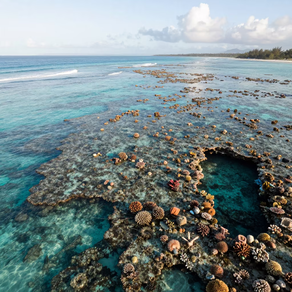 Aerial turquoise reef near Cairns shallow water in beside a reef crevice under clear water near Cairns