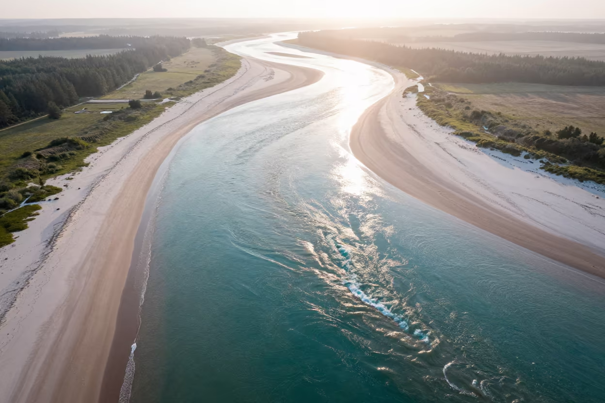 Aerial Turquoise Waves Breaking on White Sand in high above braided river channels in Prince Edward Island